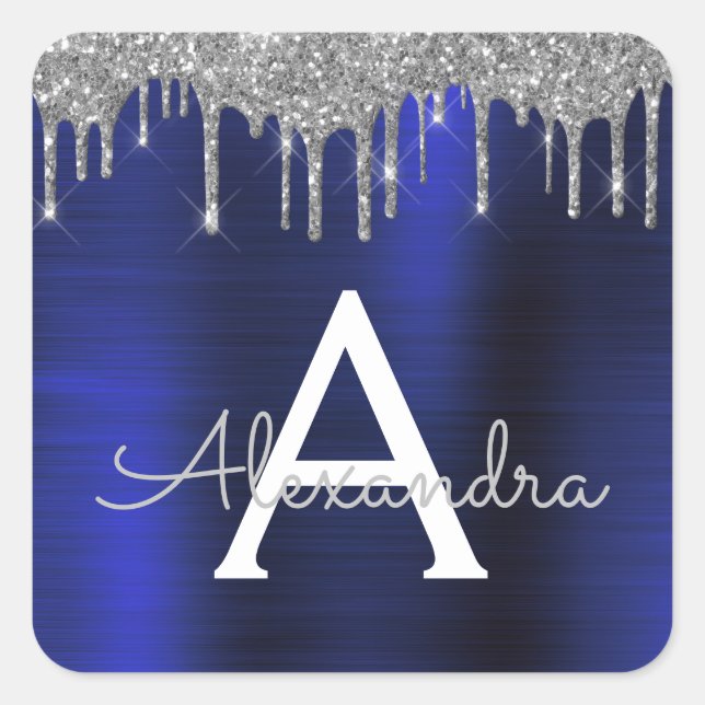Sticker Carré Monogramme Nom Pailleté Strass Bleu Marine Argent (Devant)