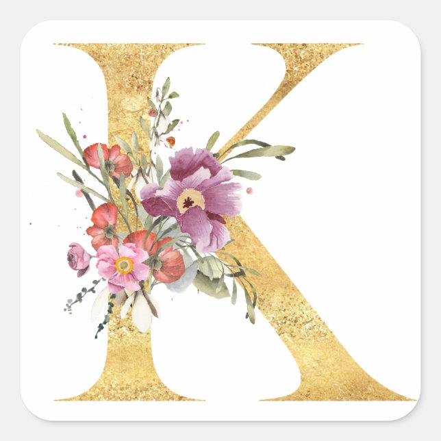 Sticker Carré Monogramme or lettre K avec fleurs (Devant)