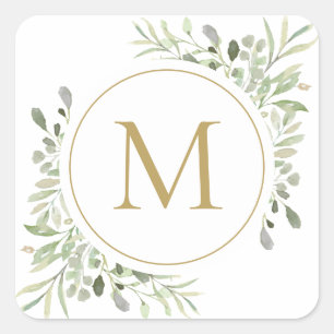 Sticker Carré Monogramme Or Verdure Éucalyptus Foliage