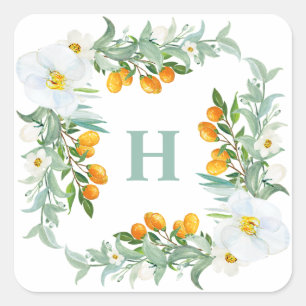 Sticker Carré Monogramme Orchidées Blanches et Kumquats à l'Aqua