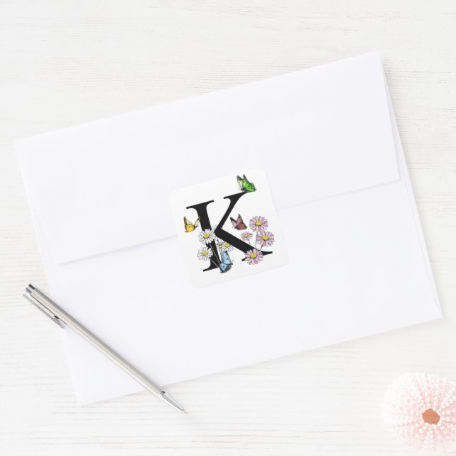 Sticker Carré Monogramme papillon aquarelle florale lettre K (Enveloppe)