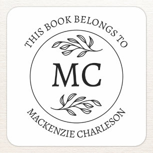 Sticker Carré Monogramme personnalisé Ce livre appartient à
