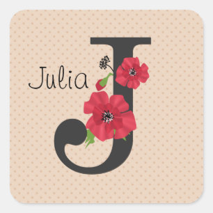 Sticker Carré monogramme personnalisé modifiable en J texte fleu