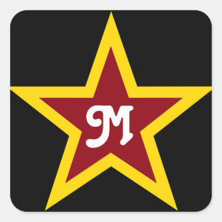 Sticker Carré Monogramme personnalisé simple rouge et étoile jau