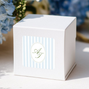 Sticker Carré Monogramme Rayures Bleues Élégantes 
