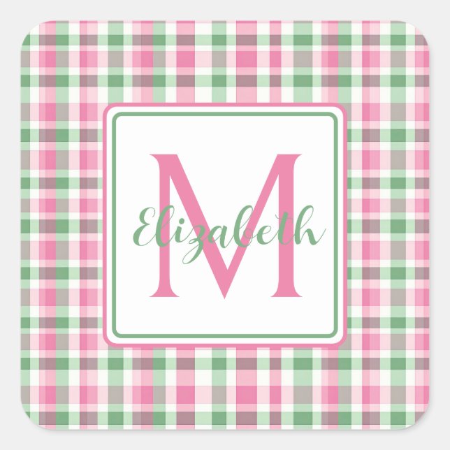 Sticker Carré Monogramme rose et vert preppy (Devant)