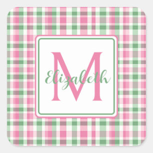 Sticker Carré Monogramme rose et vert preppy
