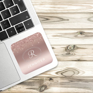Sticker Carré Monogramme rose or et Parties scintillant argent