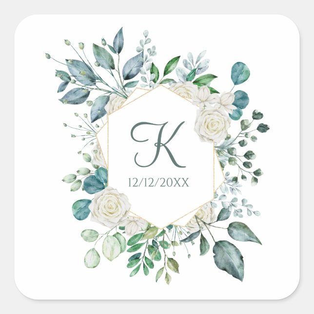 Sticker Carré Monogramme Roses blanches Verdure Eucalyptus Maria (Devant)