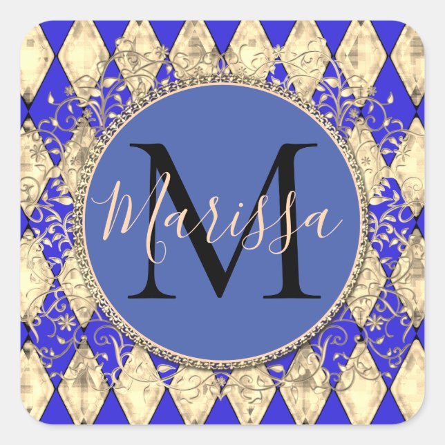 Sticker Carré Monogramme Royal Blue et Gold Glam (Devant)