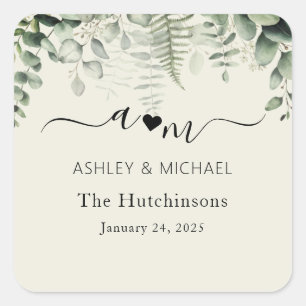 Sticker Carré Monogramme Rustique Mariage Eucalyptus