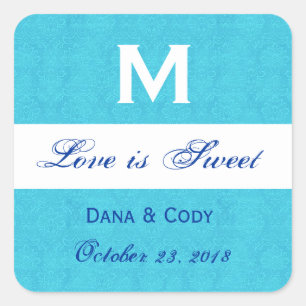 Sticker Carré Monogramme Turquoise Blue Mariage damassé