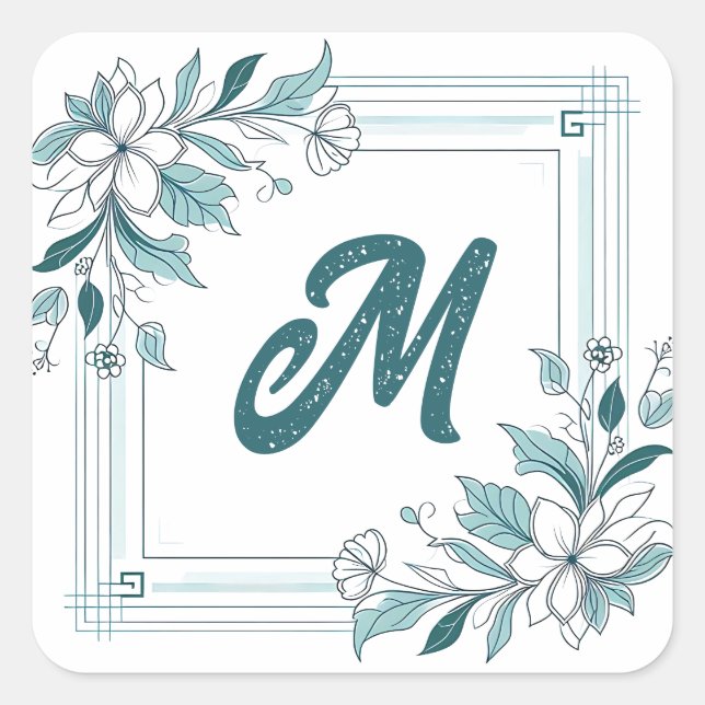 Sticker Carré Monogramme vert et blanc floral moderne minimal (Devant)