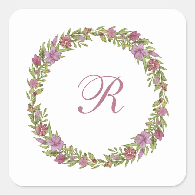Sticker Carré Monogramme vert violet couronne florale (Devant)