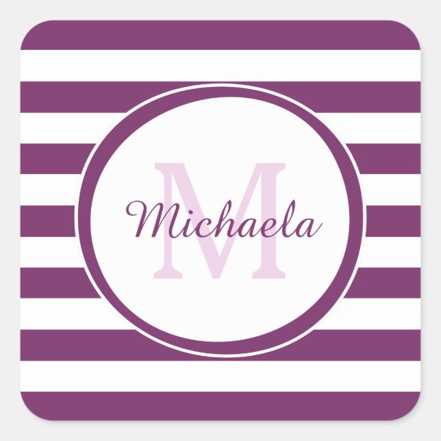 Sticker Carré Monogramme violet riche avec des rayures graphique (Devant)