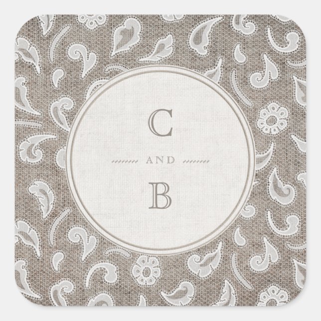 Sticker Carré Monographie de mariage campagnard rustique dentell (Devant)