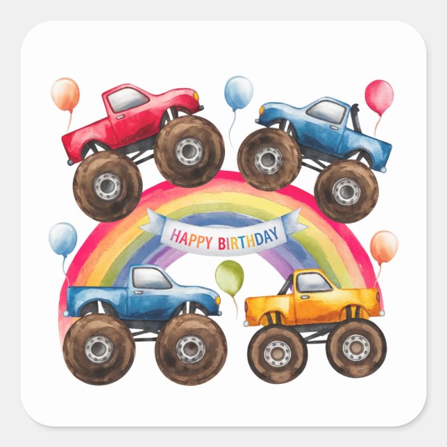 Sticker Carré Monster Truck Rainbow Boy Anniversaire Bash (Devant)