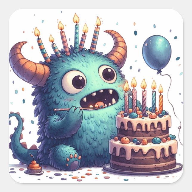 Sticker Carré Monstre Bleu Avec Gâteau D'Anniversaire (Devant)