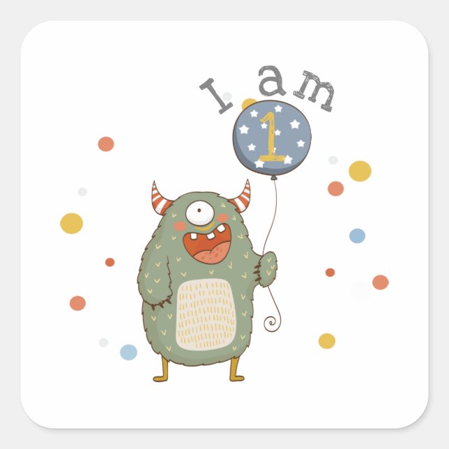 Sticker Carré Monstre mignon sur mesure avec Balloon Anniversair (Devant)