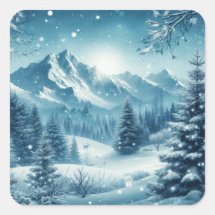 Sticker Carré Montagne d'hiver de neige