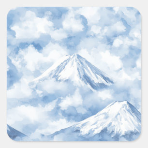 Sticker Carré Montagnes Douces Aquarelle Neige Nuages Bleu Blanc