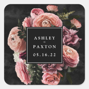 Sticker Carré Moody et romantique bouquet rose sur noir
