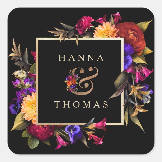 Sticker Carré Moody foncé Automne Mariage Floral Merci (Devant)
