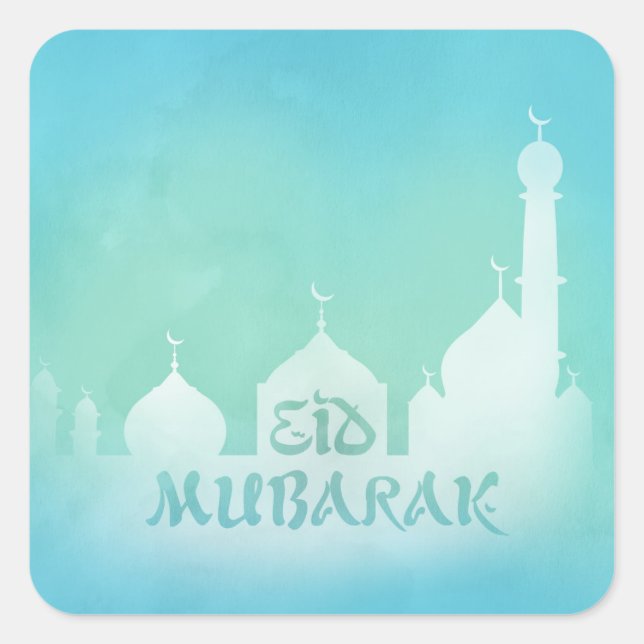 Sticker Carré Mosquée Aquarelle bleue de l'Aïd Moubarak - Sticke (Devant)