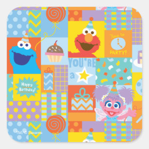 Sticker Carré Motif d'anniversaire d'Elmo, Abby et Cookie Monste