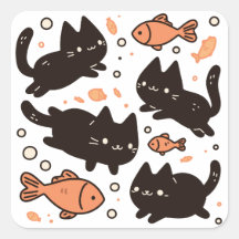 Motif de chat noir Kawaii Chibi avec poisson rouge