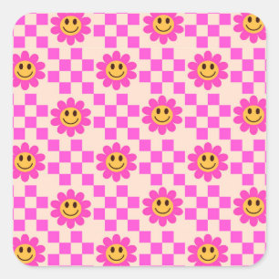 Sticker Carré Motif de fleurs souriantes rose vif à carreaux 