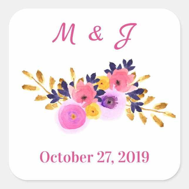 Sticker Carré Motif de Mariage Floral Rustique (Devant)