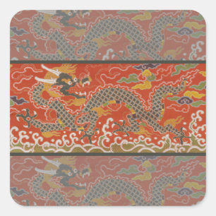 Sticker Carré Motif de soie Dragon Rouge et Noir Impérial