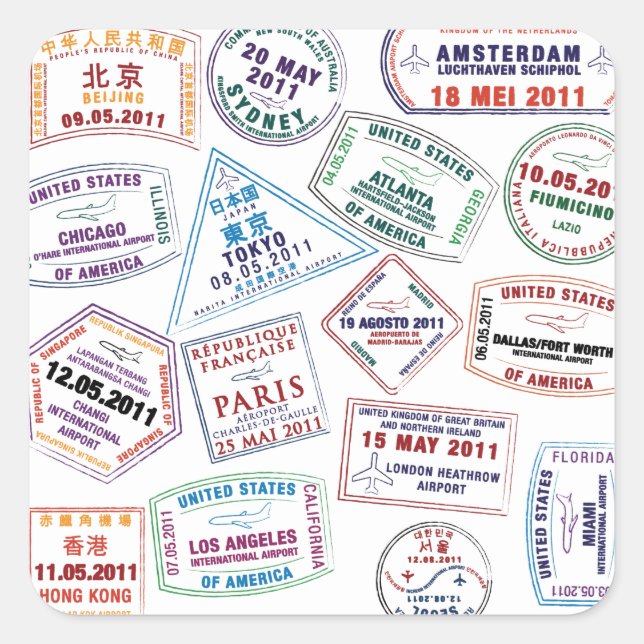 Sticker Carré Motif de tampon de passeport Imprimer (Devant)