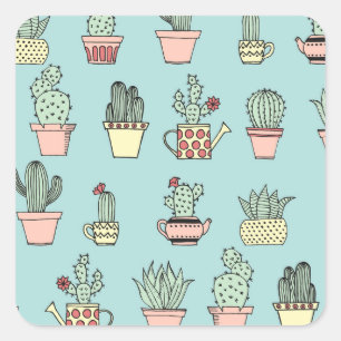 Sticker Carré Motif dessiné mignon coloré de style de cactus 