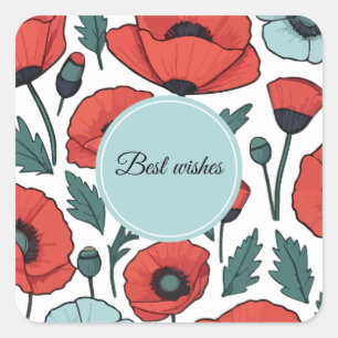 Sticker Carré Motif d'illustration des fleurs de coquelicots rou
