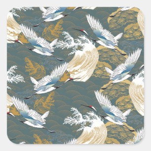 Sticker Carré Motif japonais Vintage Crane Birds