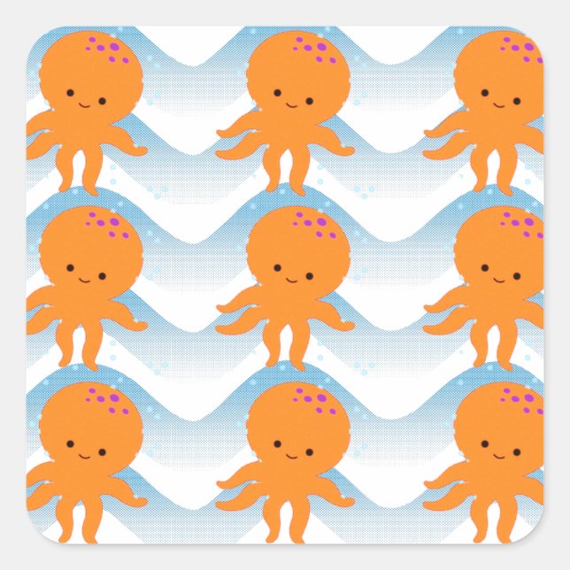 Sticker Carré Motif Octopus Orange Et Vagues Bleues (Devant)