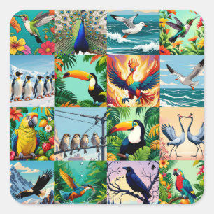 Sticker Carré Motif Patchwork Oiseaux