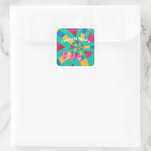 Sticker Carré Motif rose chaud et vert avec papillon rose