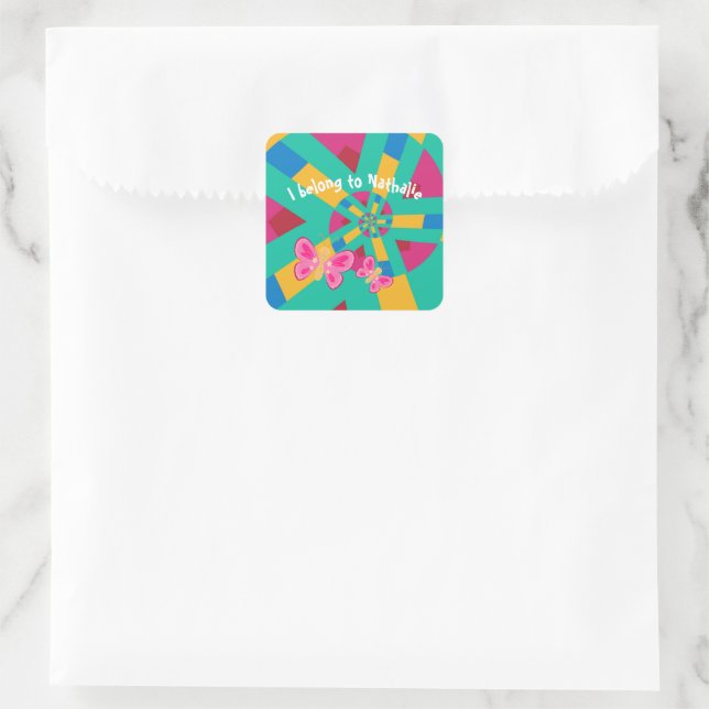 Sticker Carré Motif rose chaud et vert avec papillon rose (Sac)