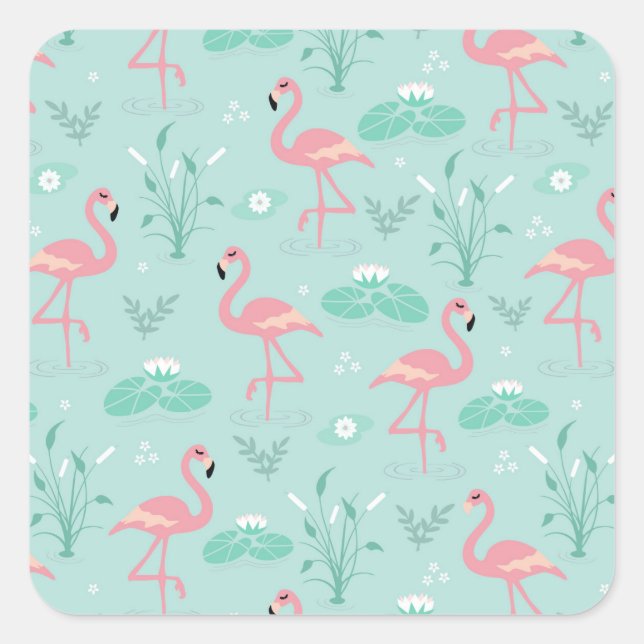 Sticker Carré Motif vert Flamants roses rose Pastel (Devant)
