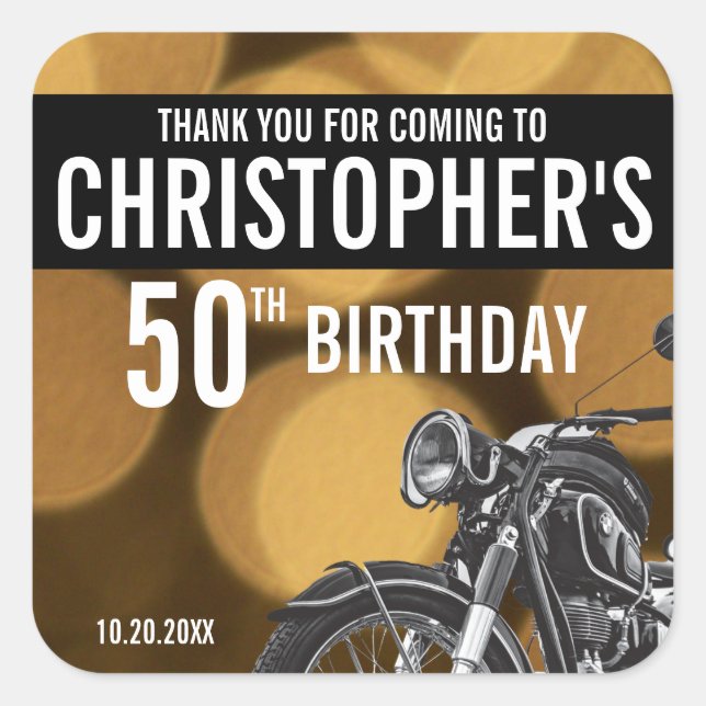 Sticker Carré Moto thème, 50ème anniversaire, Or et noir (Devant)