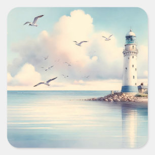 Sticker Carré Mouette de phare côtier Sérénité du ciel pastel