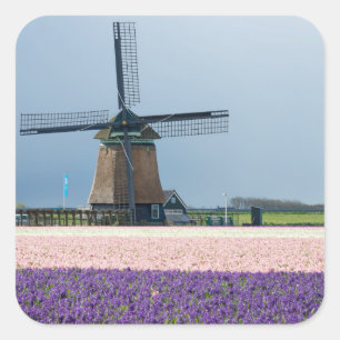 Sticker Carré Moulin à vent traditionnel avec les fleurs roses