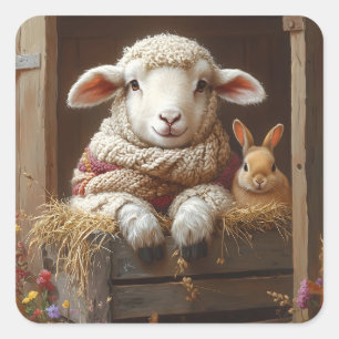Sticker Carré Moutons et lapin douillets en Grange avec Fleurs