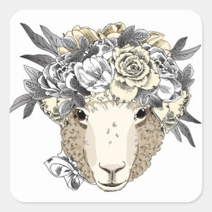 Sticker Carré Moutons floraux de halo