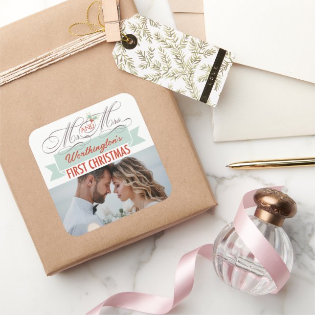 Sticker Carré Mr & Mrs First Christmas Mistletoes Mariage photo (Cadeaux)