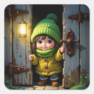 Sticker Carré Munchkin portant un chapeau et un pull tricotés