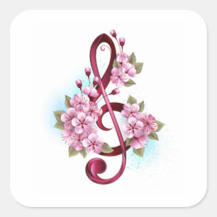 Sticker Carré Musical treble clef notes with sakura flowers